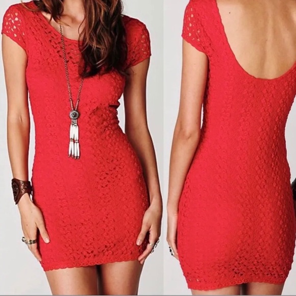 Free People Crochet Bodycon Mini Dress Red XS - Picture 7 of 10